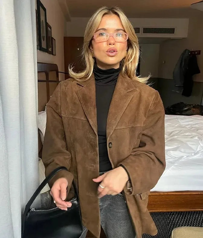 R&B | Jacke - Maßgeschneiderter Wildleder-Look - Kurze Länge - Klassischer Kragen - Knöpfe