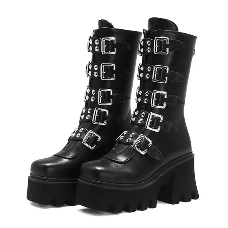 R&B | Gothic Schuhe Frauen Schwarz Hochstiefel Weiblich Hohe Absatz Frauen Combat Punk Chunky Dame