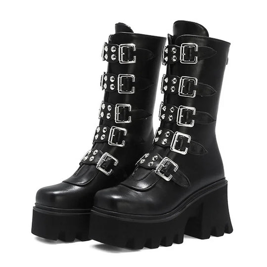R&B | Gothic Schuhe Frauen Schwarz Hochstiefel Weiblich Hohe Absatz Frauen Combat Punk Chunky Dame