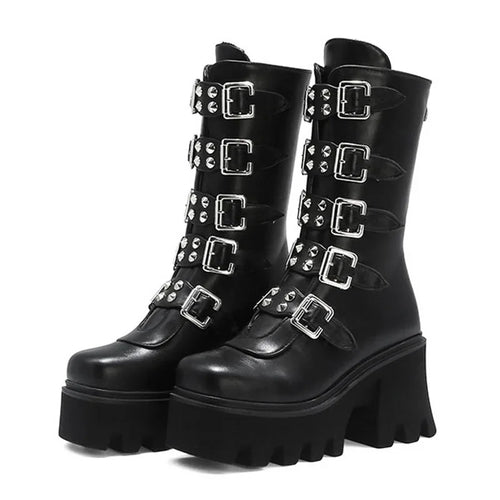 R&B | Gothic Schuhe Frauen Schwarz Hochstiefel Weiblich Hohe Absatz Frauen Combat Punk Chunky Dame