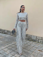 R&B | Quaste Pailletten Frauen 2 Teilig Set Herbst Silber Licht Seide O-Ausschnitt Crop Tops Breite Bein Hosen Damen Anzug Mode Straße Damen Set