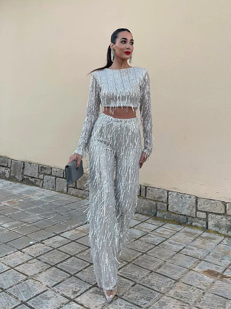 R&B | Quaste Pailletten Frauen 2 Teilig Set Herbst Silber Licht Seide O-Ausschnitt Crop Tops Breite Bein Hosen Damen Anzug Mode Straße Damen Set
