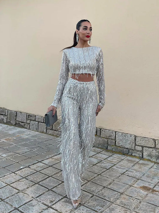 R&B | Quaste Pailletten Frauen 2 Teilig Set Herbst Silber Licht Seide O-Ausschnitt Crop Tops Breite Bein Hosen Damen Anzug Mode Straße Damen Set