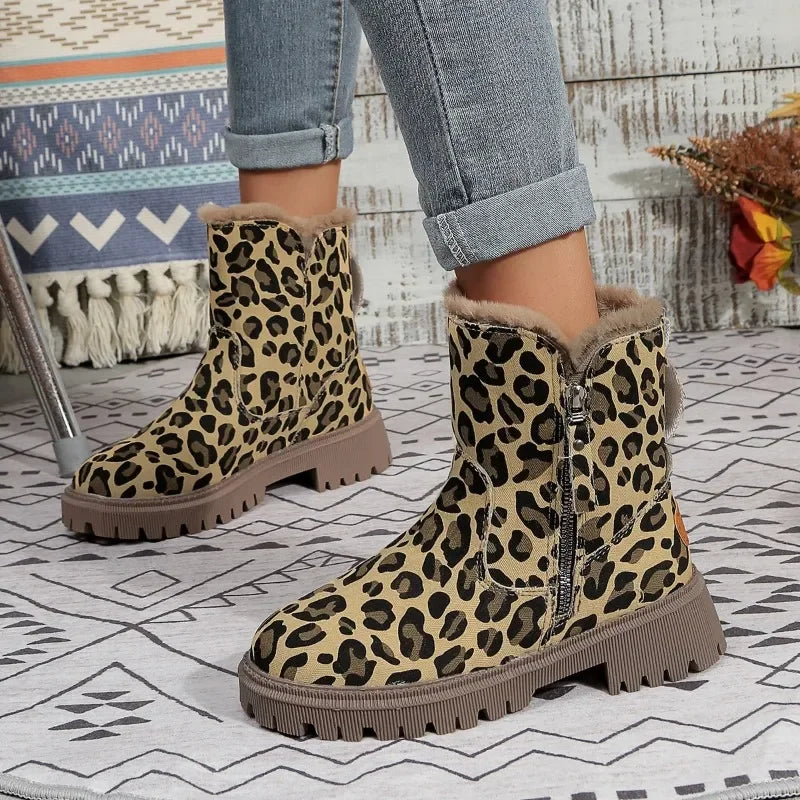 R&B | Leopardenmotiv Winter Seitenreißverschluss Stiefel