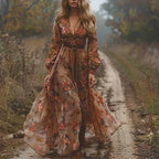 Boho Damen Maxikleid mit Niedrigem V-Ausschnitt und Langarm | R&B