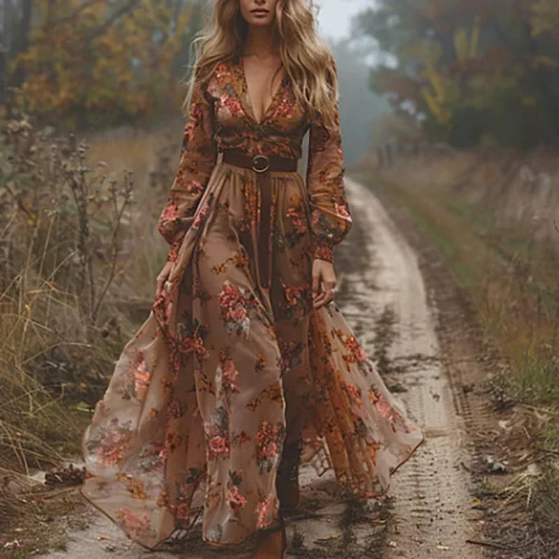 Boho Damen Maxikleid mit Niedrigem V-Ausschnitt und Langarm | R&B