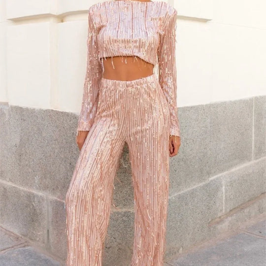 R&B | Quaste Pailletten Frauen 2 Teilig Set Herbst Silber Licht Seide O-Ausschnitt Crop Tops Breite Bein Hosen Damen Anzug Mode Straße Damen Set