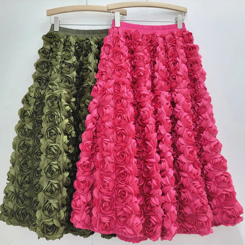 R&B | Herbst Neu Vielseitig Drei Dimensional Blumen Mittlere Falten Rock Hohe Taille Große Schwung Mode A-Linie Röcke Frauen