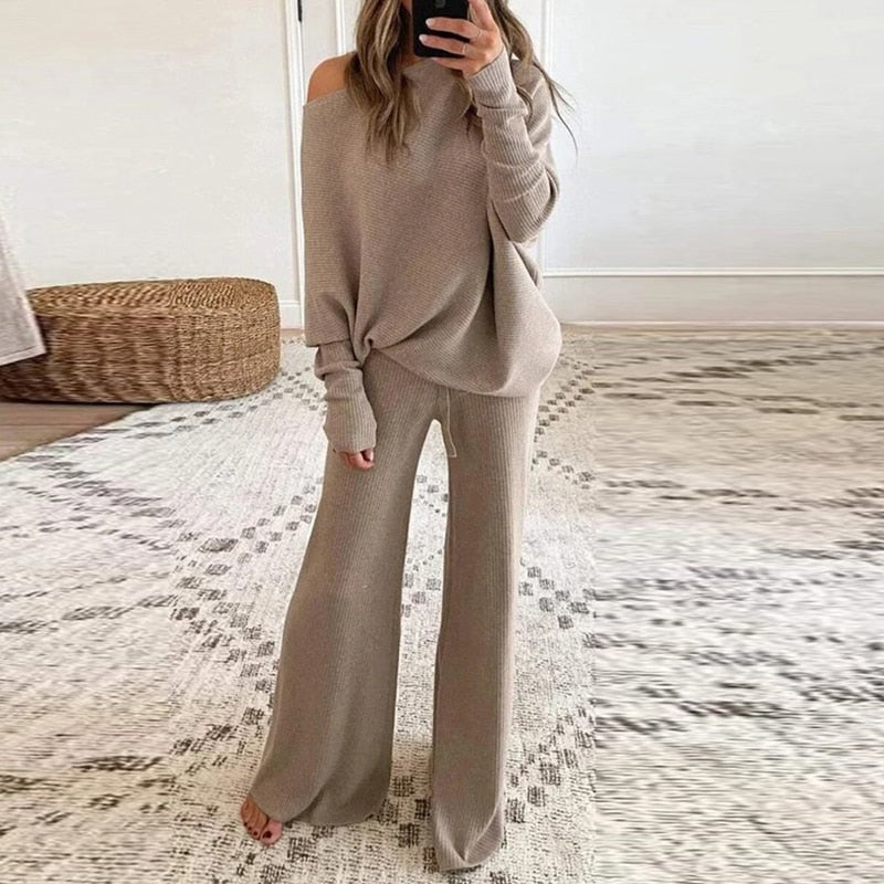 R&B | Schicker Herbst Ein-Schulter-Pullover und Lockeres Hosen-Set für Frauen