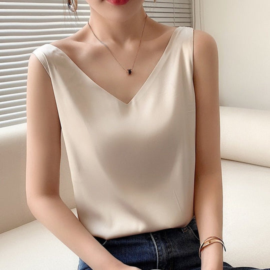 Heidi-Mode | Oberteil Loose Fit Ärmellos Seidentop Damenbekleidung