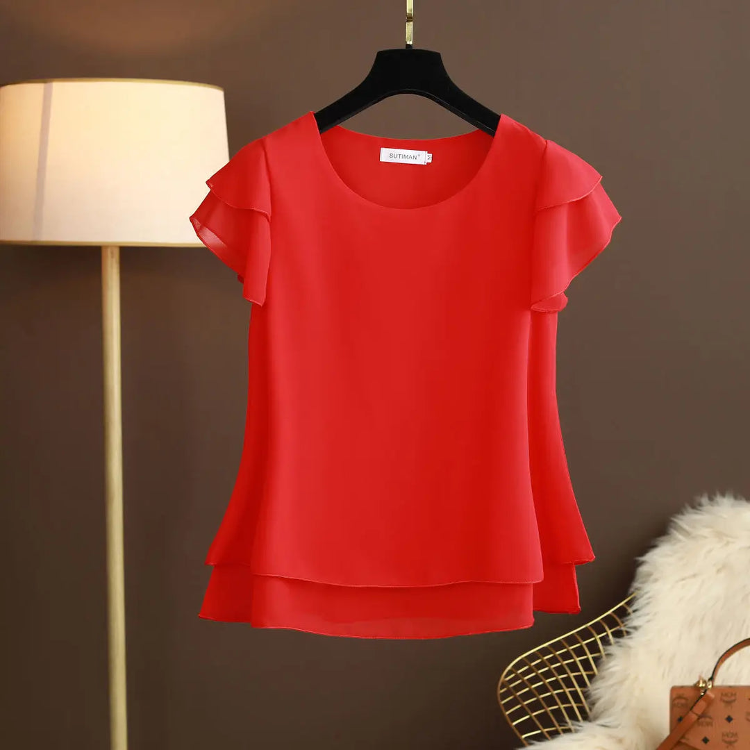 R&B | Chiffon Bluse mit O-Ausschnitt und Kurzen Ärmeln