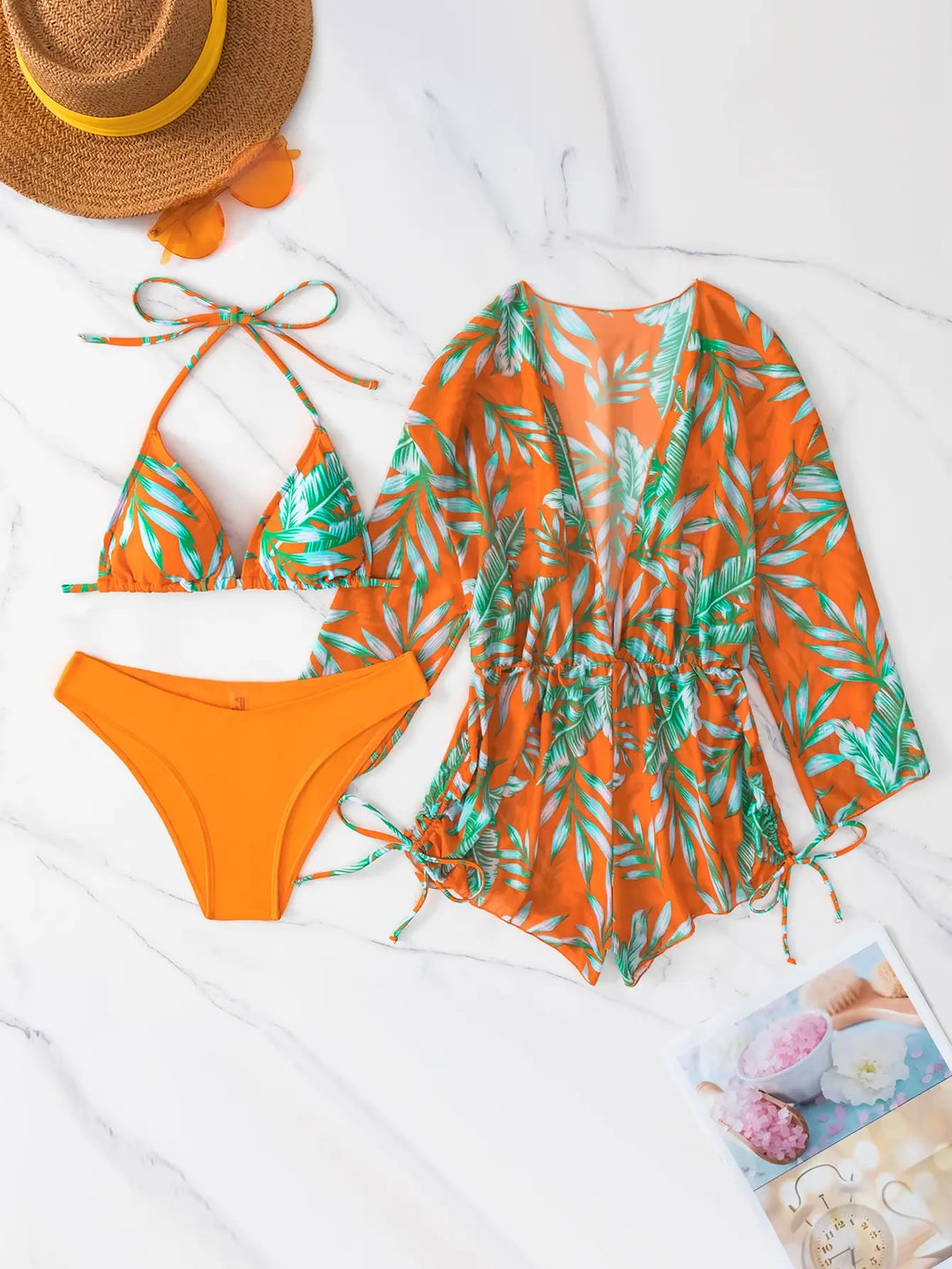 R&B | 3 Stück Bikini Tropischer Druck Badebekleidung Halter Schnürseite Badebekleidung Frauen Badeanzug Weiblich Schwimmen Sommer Strandbekleidung