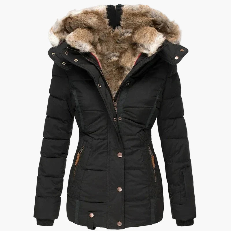 R&B | Winterjacke mit Kapuze und Kunstfellbesatz - Elegante, Taillierte Outdoorjacke für Kalte Tage