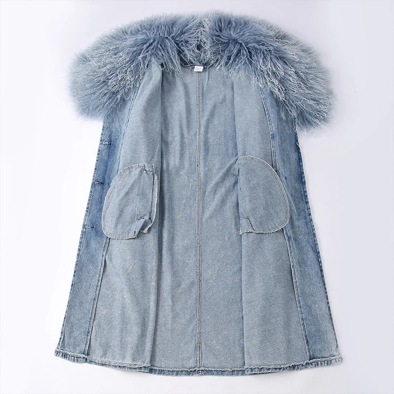 R&B | Lange Denimjacke mit Kunstfell Baumwollmix Modern und Elegant