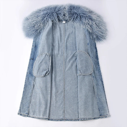 R&B | Lange Denimjacke mit Kunstfell Baumwollmix Modern und Elegant