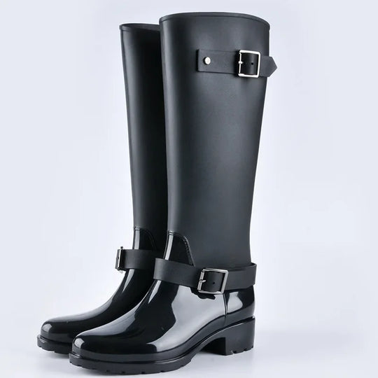 R&B | Damen wasserdichte knielange Gummistiefel mit Schnallen & Blockabsätzen