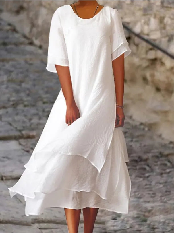 R&B | Doppellagiges Geschlitztes Kurzärmeliges Kleid mit Rundhalsausschnitt