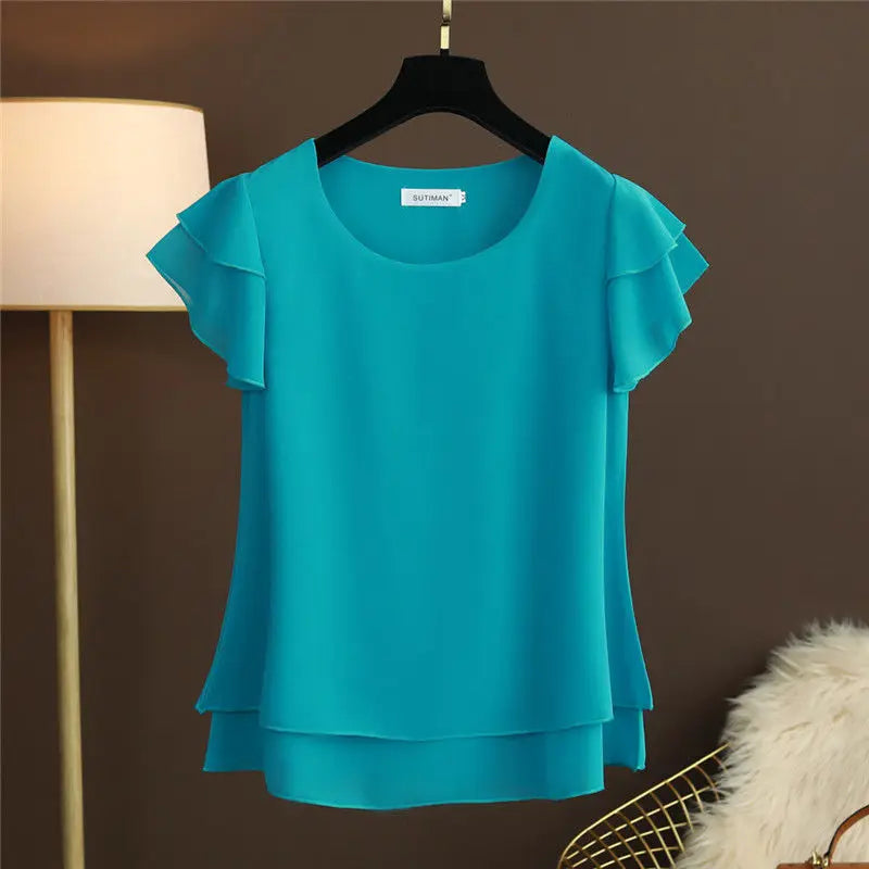 R&B | Chiffon Bluse mit O-Ausschnitt und Kurzen Ärmeln