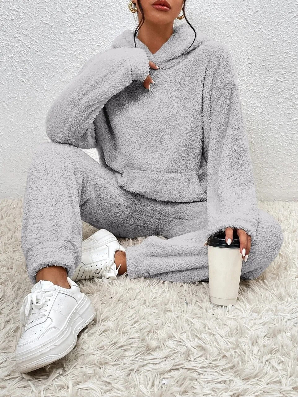 R&B | Weiche Teddyjacke Damen Loungewear Satz mit Kapuze