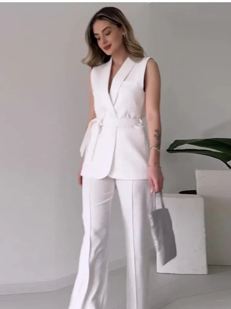 R&B | Ärmelloser Blazer-Anzug Taillierte Passform Wickel-V-Ausschnitt Weite Hose