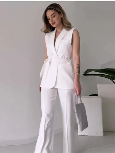 R&B | Ärmelloser Blazer-Anzug Taillierte Passform Wickel-V-Ausschnitt Weite Hose