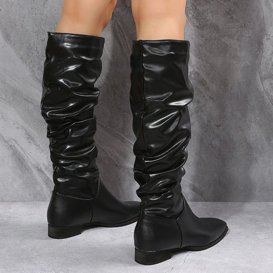 R&B | Knielange Punk-Stil Falten Pu-Leder Stiefel