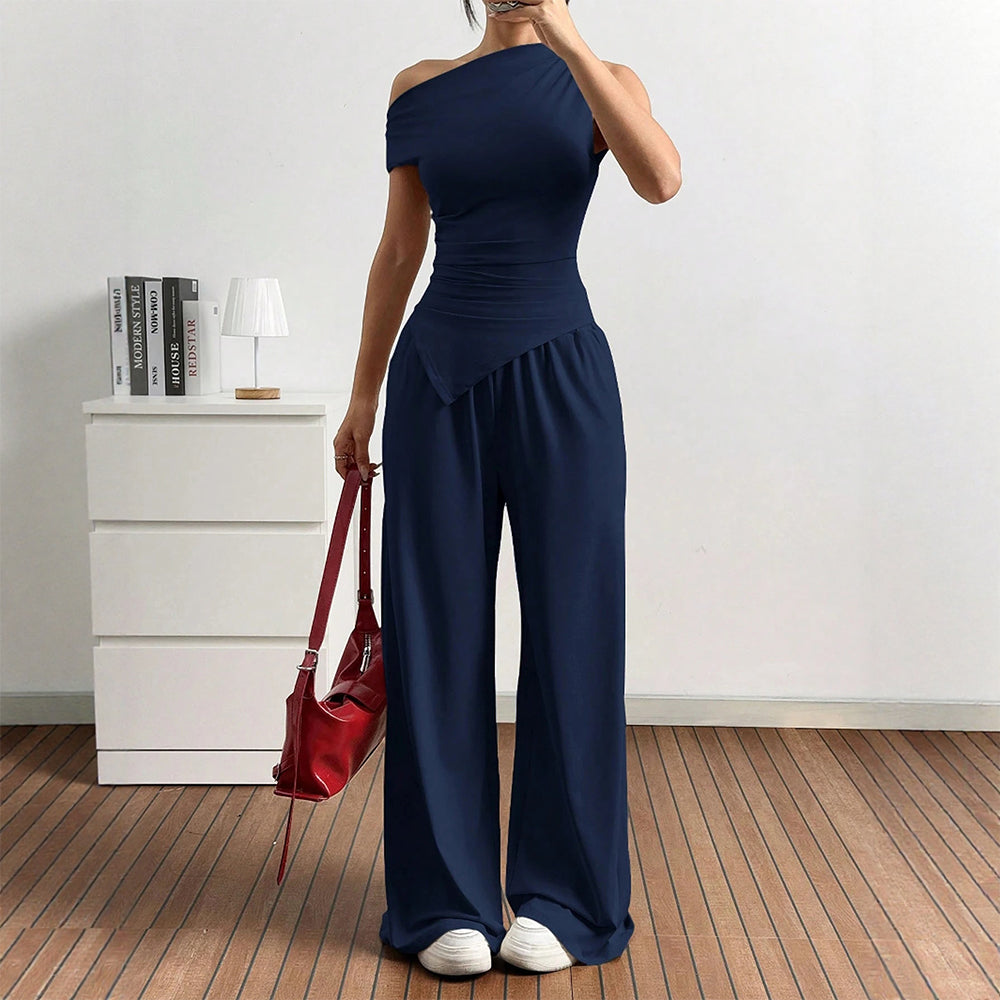 Damen Elegante Jumpsuit-Kombination mit asymmetrischem Oberteil und weitem Bein R&B
