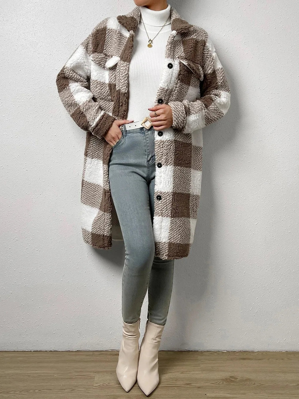 R&B | Langer Kariert Fleece-Mantel