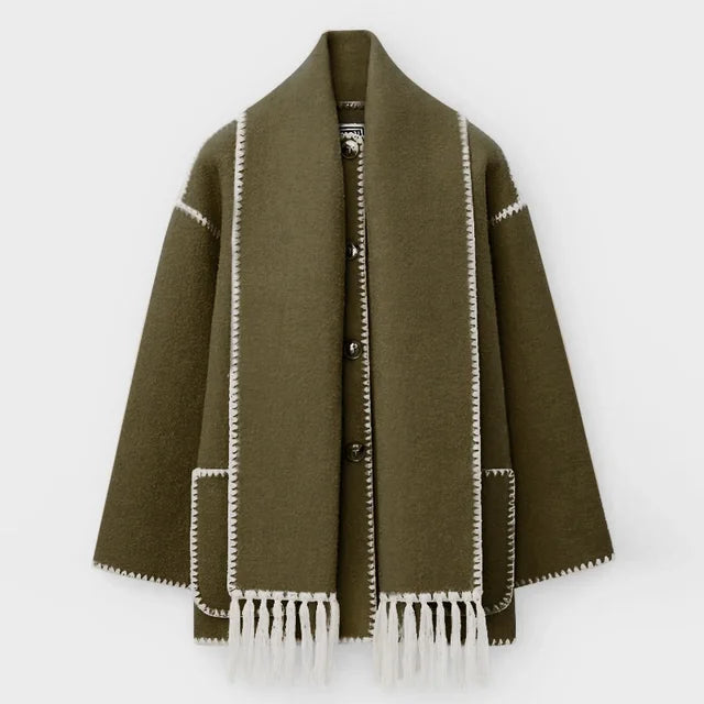 R&B | Wollmantel - Oversized Fit - Schal-Kragen mit Fransen - Dekorative Nähte - Knopfverschluss