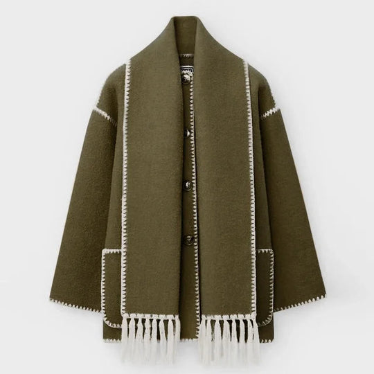 R&B | Wollmantel - Oversized Fit - Schal-Kragen mit Fransen - Dekorative Nähte - Knopfverschluss