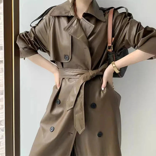 R&B | Langer Trenchcoat für Frauen Lederlook Stilvoll und Modern