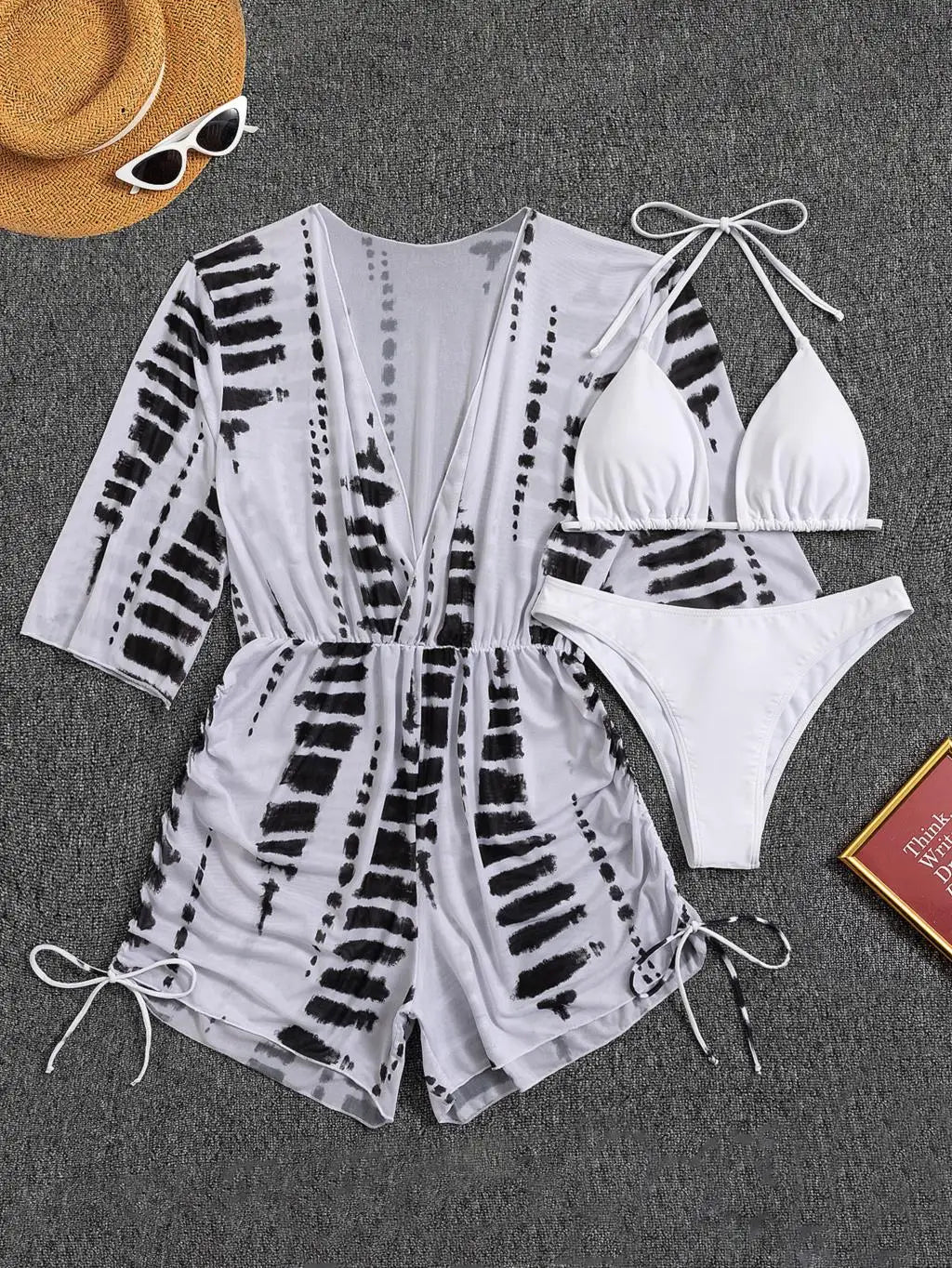 R&B | 3 Stück Bikini Tropischer Druck Badebekleidung Halter Schnürseite Badebekleidung Frauen Badeanzug Weiblich Schwimmen Sommer Strandbekleidung
