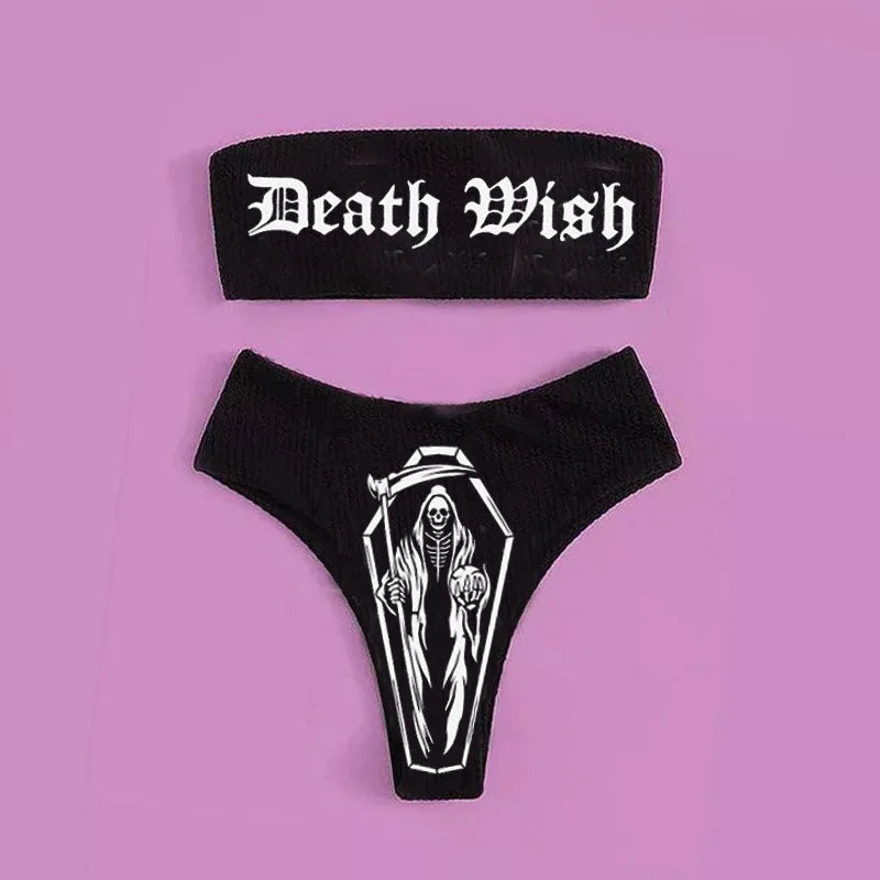 R&B | Sexy Goth Bikini Frauen Buchstaben Totenkopf Druck Badeanzug Split Badeanzug Hohe Taille Gotische Bikini Set Strandoutfits