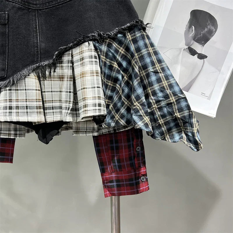 R&B | Jahrgang Unregelmäßig Patchwork Kariert Röcke Denim Kurz für Frauen Hohe Taille Eingewickelt Hüfte Mini Rock Sommer Weiblich