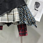 R&B | Jahrgang Unregelmäßig Patchwork Kariert Röcke Denim Kurz für Frauen Hohe Taille Eingewickelt Hüfte Mini Rock Sommer Weiblich