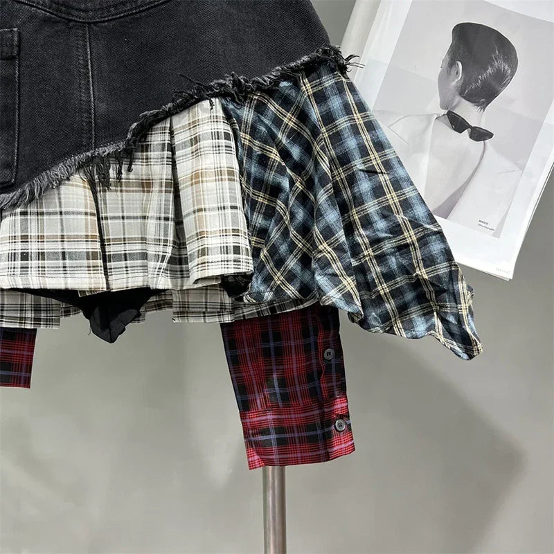 R&B | Jahrgang Unregelmäßig Patchwork Kariert Röcke Denim Kurz für Frauen Hohe Taille Eingewickelt Hüfte Mini Rock Sommer Weiblich