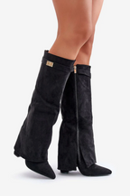 R&B | Wildleder Klappkniehohe Stiefel Schnallen Detail Blockabsatzstiefel