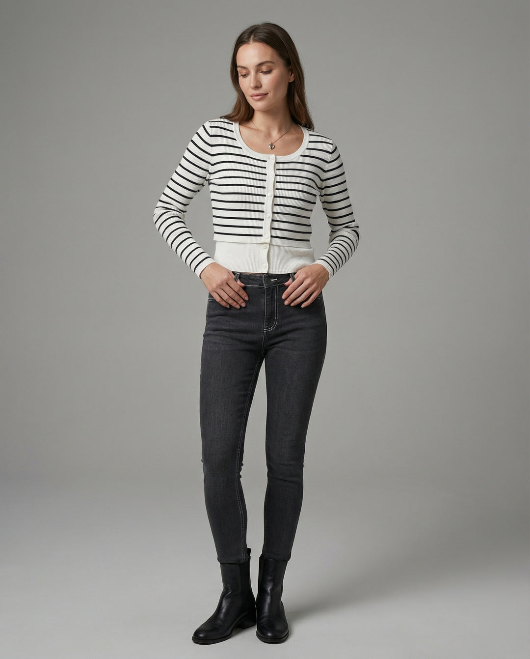 Schickes Langarmshirt im Lagen-Look Schwarz-Weiß Gestreift Slim Fit