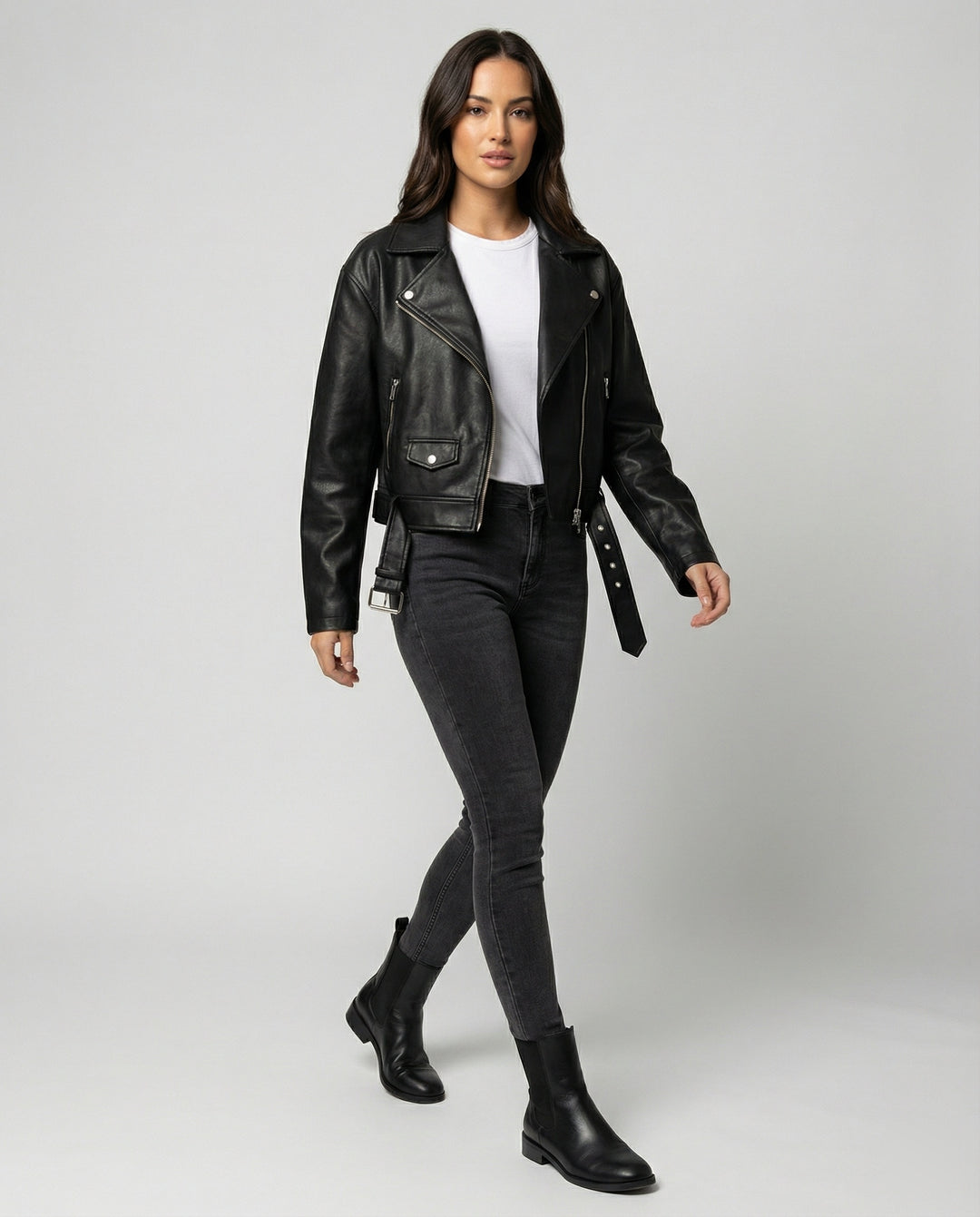 Schwarze PU-Leder Bikerjacke Damen Kurz Locker Vintage Frühlingsjacke