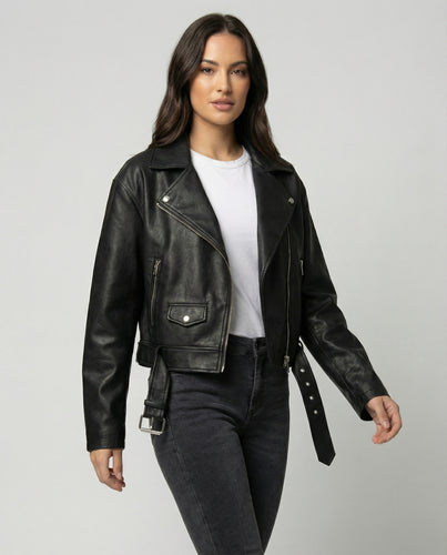 Schwarze PU-Leder Bikerjacke Damen Kurz Locker Vintage Frühlingsjacke