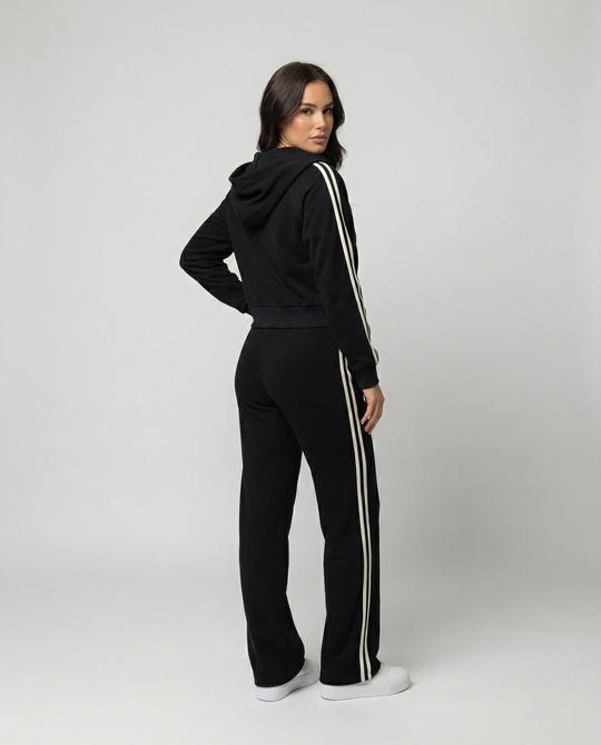 Schwarzer Damen Sportanzug Set Hoodie und weite Hose Streifen