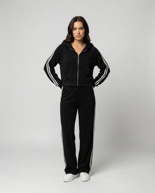 Schwarzer Damen Sportanzug Set Hoodie und weite Hose Streifen