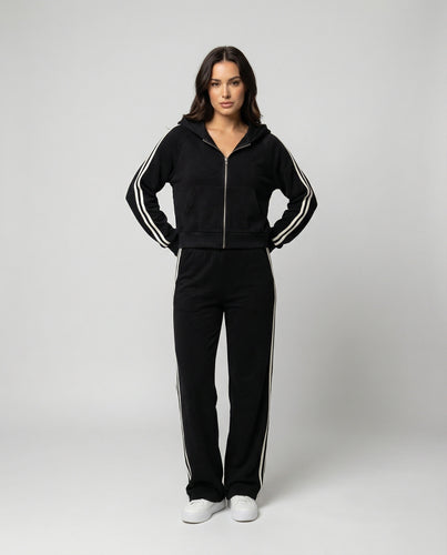 Schwarzer Damen Sportanzug Set Hoodie und weite Hose Streifen