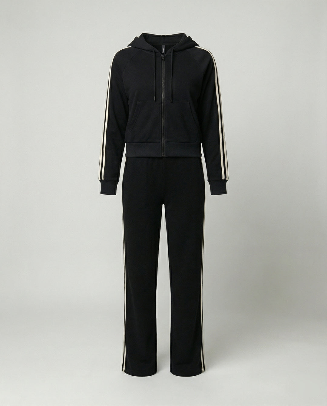 Schwarzer Damen Sportanzug Set Hoodie und weite Hose Streifen