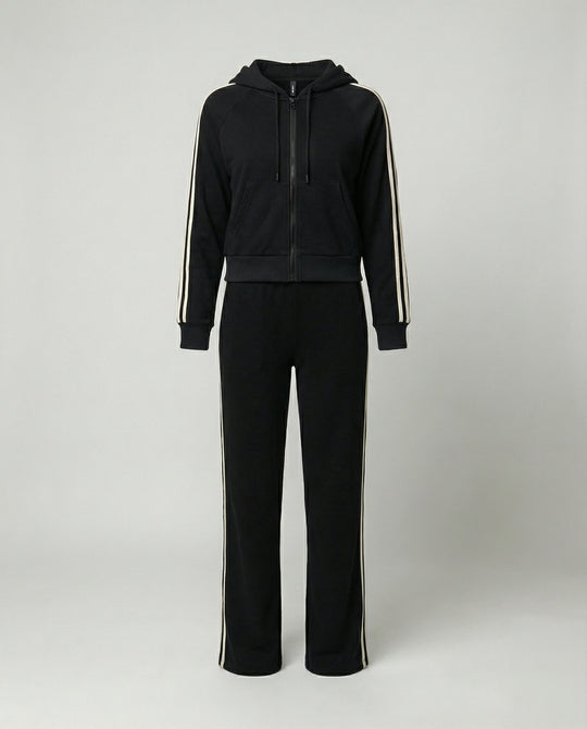 Schwarzer Damen Sportanzug Set Hoodie und weite Hose Streifen