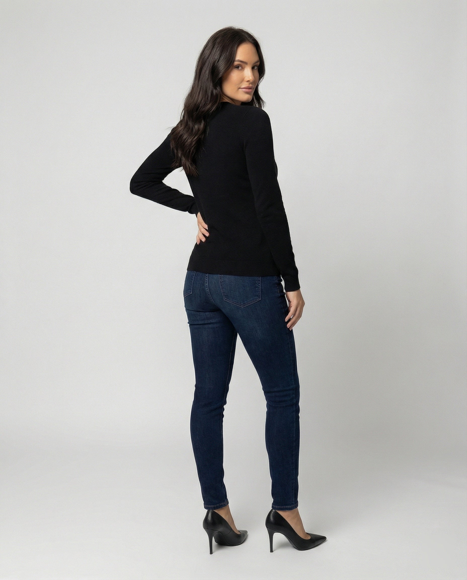 Schwarzer Damen Strickpullover Slim-Fit Langarm Rundhals Basis Oberteil