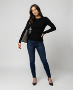 Schwarzer Damen Strickpullover Slim-Fit Langarm Rundhals Basis Oberteil