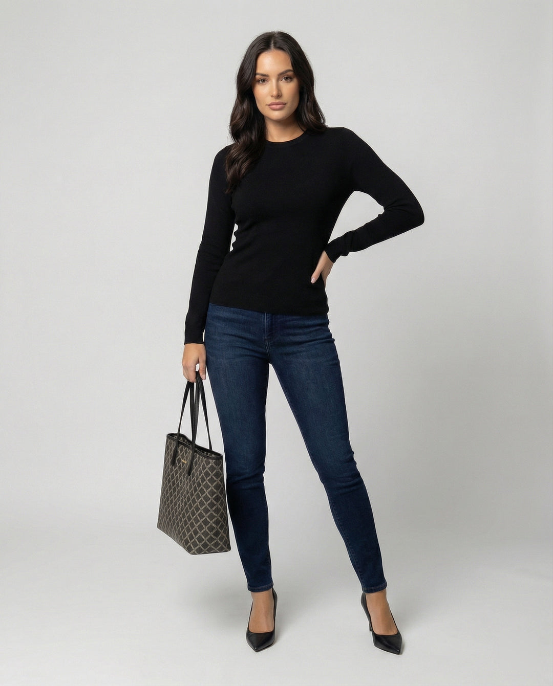 Schwarzer Damen Strickpullover Slim-Fit Langarm Rundhals Basis Oberteil