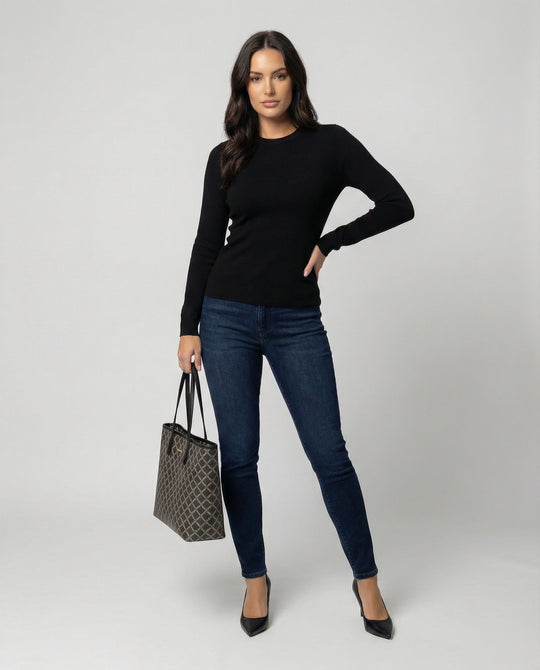 Schwarzer Damen Strickpullover Slim-Fit Langarm Rundhals Basis Oberteil