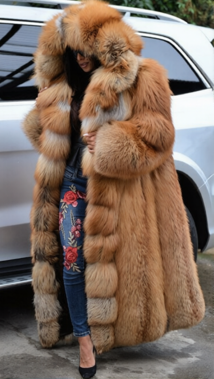 Damen Eleganter und luxuriöser Kunstpelzmantel mit Kapuze und breitem Kragen R&B